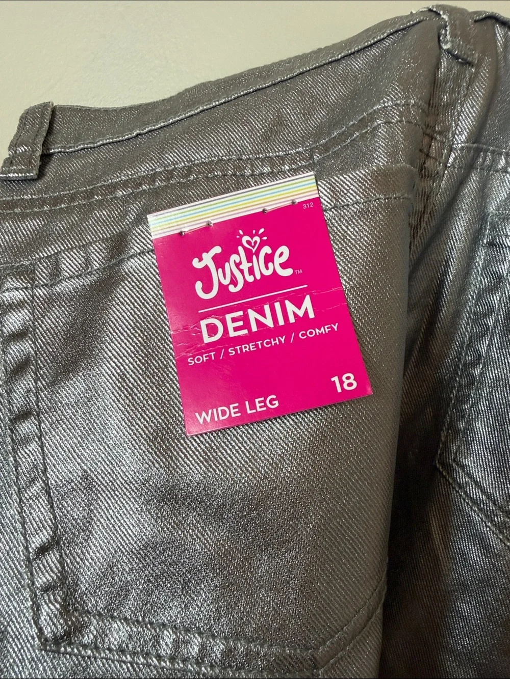 Justice NWT Girls Gray Metallic Wide-Leg Jeans. Size 18